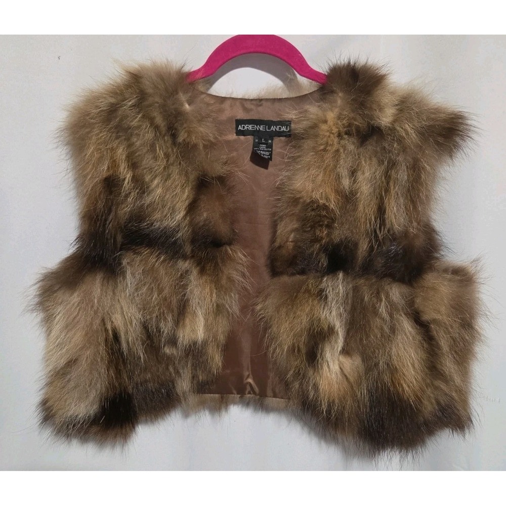 Adrienne Landau Genuine Raccoon Fur Cropped Vest Size L Large Brown Tan Luxury